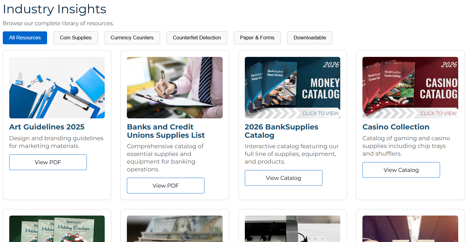 Screenshot of BankSupplies website resources page