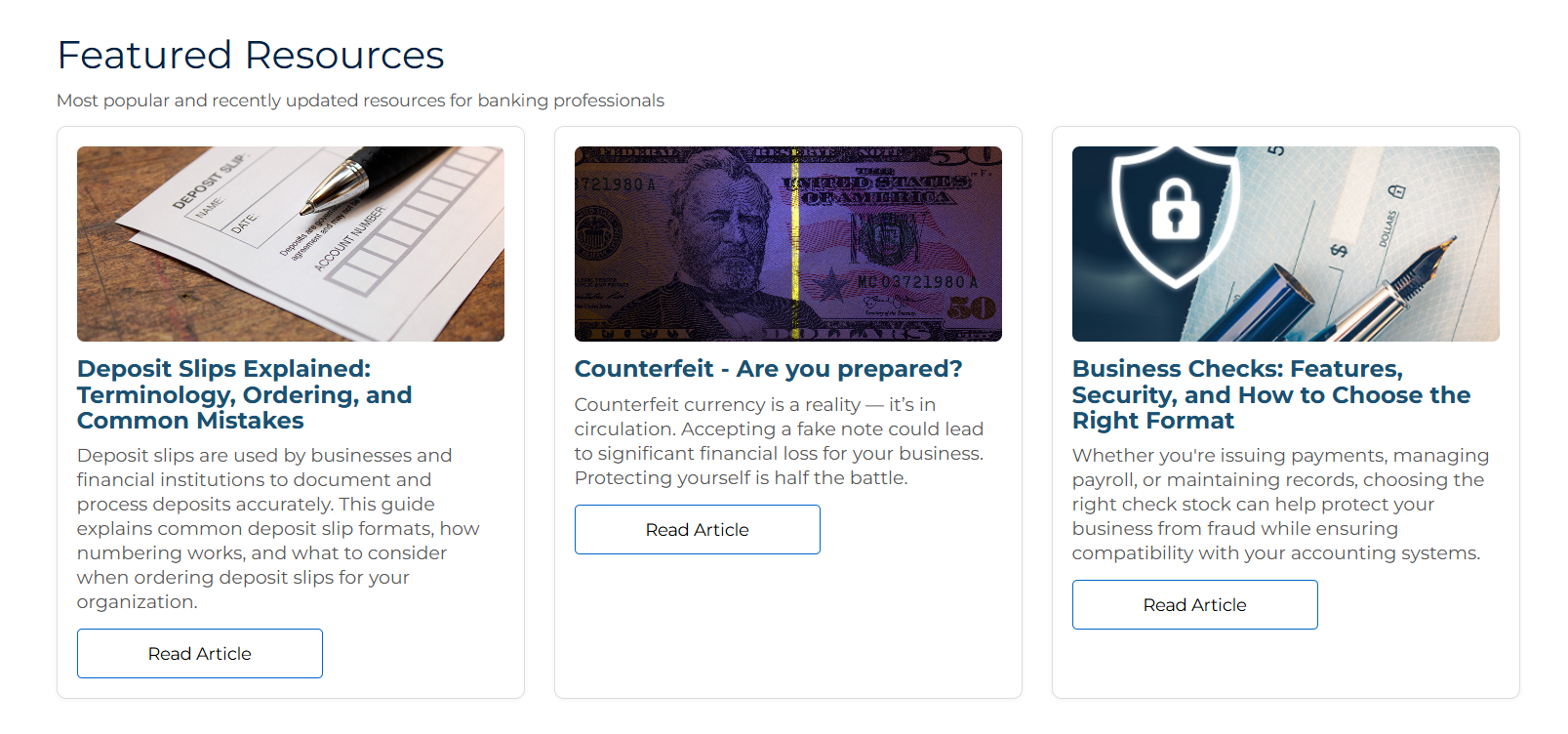 Screenshot of BankSupplies website resources page